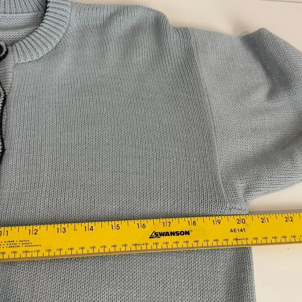 Handmade Knit Light Blue Black Cardigan Sweater M/L